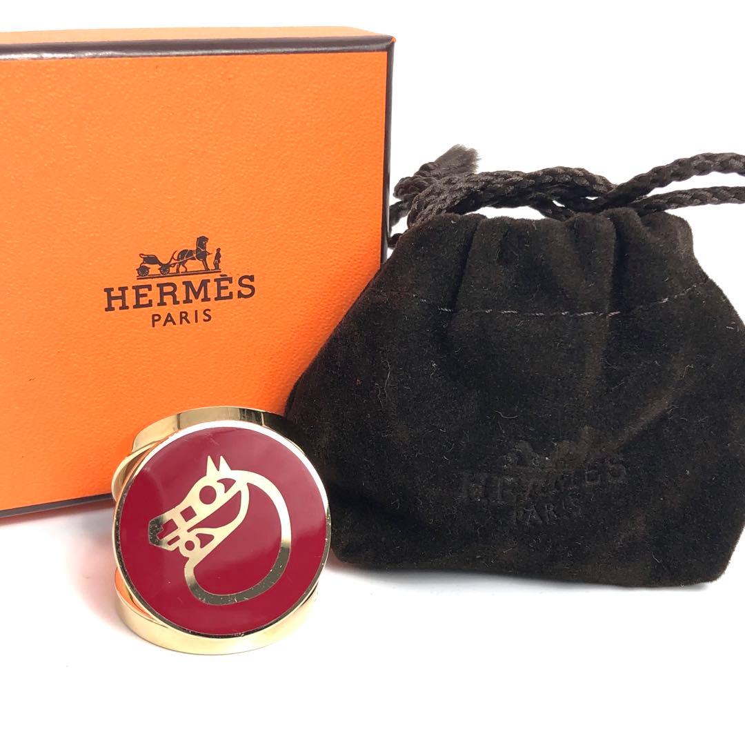 【良品】HERMES エルメス スカーフリング カマイユ 馬 ホース レッド 赤