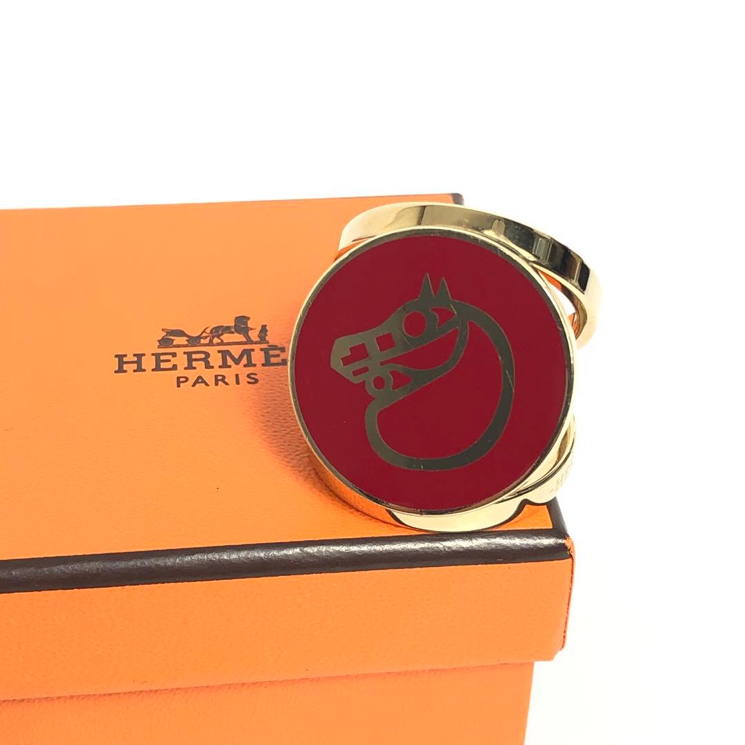 【良品】HERMES エルメス スカーフリング カマイユ 馬 ホース レッド 赤