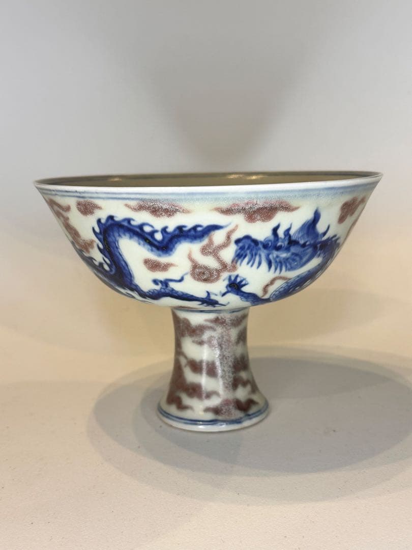 大明宣徳年製底款 高台高杯 青花染付 二龍戯珠文 瑞雲文 果子器 古董品 古陶磁