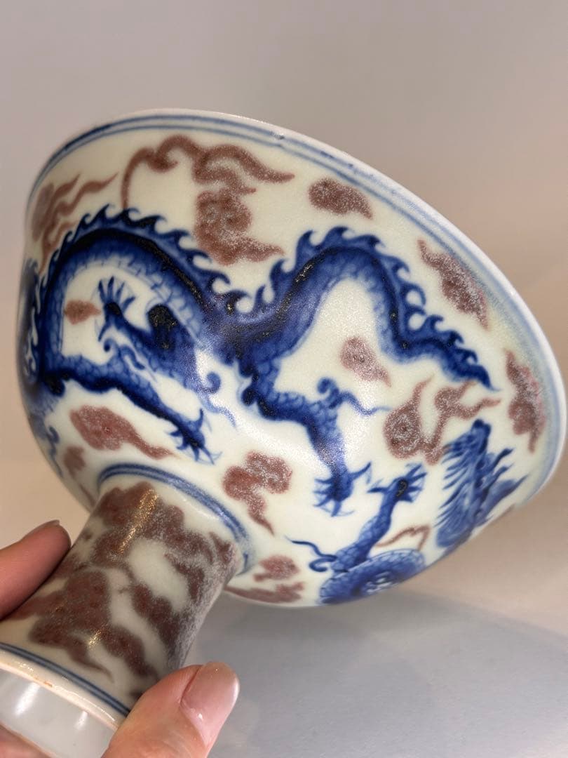 大明宣徳年製底款 高台高杯 青花染付 二龍戯珠文 瑞雲文 果子器 古董品 古陶磁