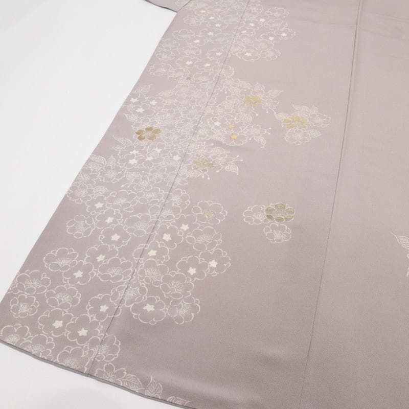 《特選◆訪問着■シンプル桜梅の花◆薄梅鼠色■ちりめん地◆袷正絹着物◆HC2-4》