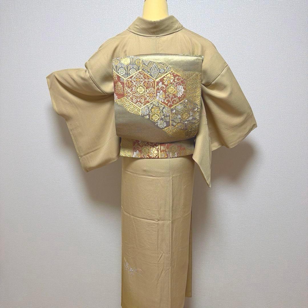 25 付け下げ訪問着フルセット 正絹 ベージュ 薄茶 総刺繍 相良刺繍 暈し染め