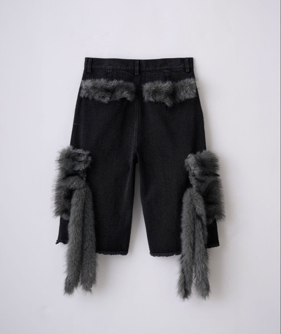 【GRANCY】ファーポケットデザインハーフデニムカーゴパンツブラック M