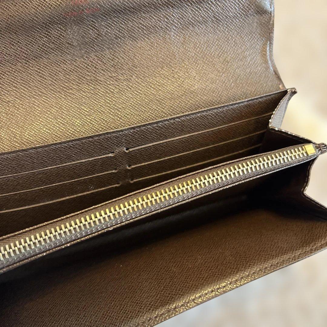 ダミエパターン ブラウンレザー長財布