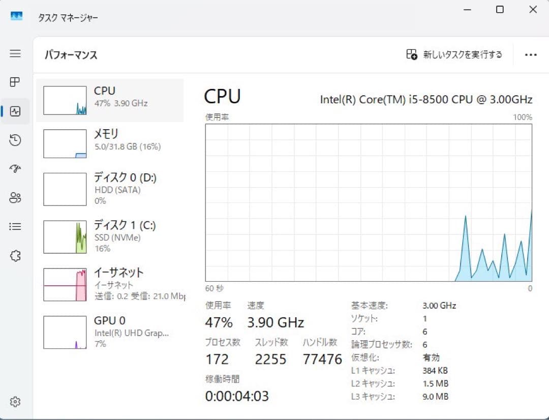 i5-8500/SSD256GB+HDD1TB/メモリ32GB