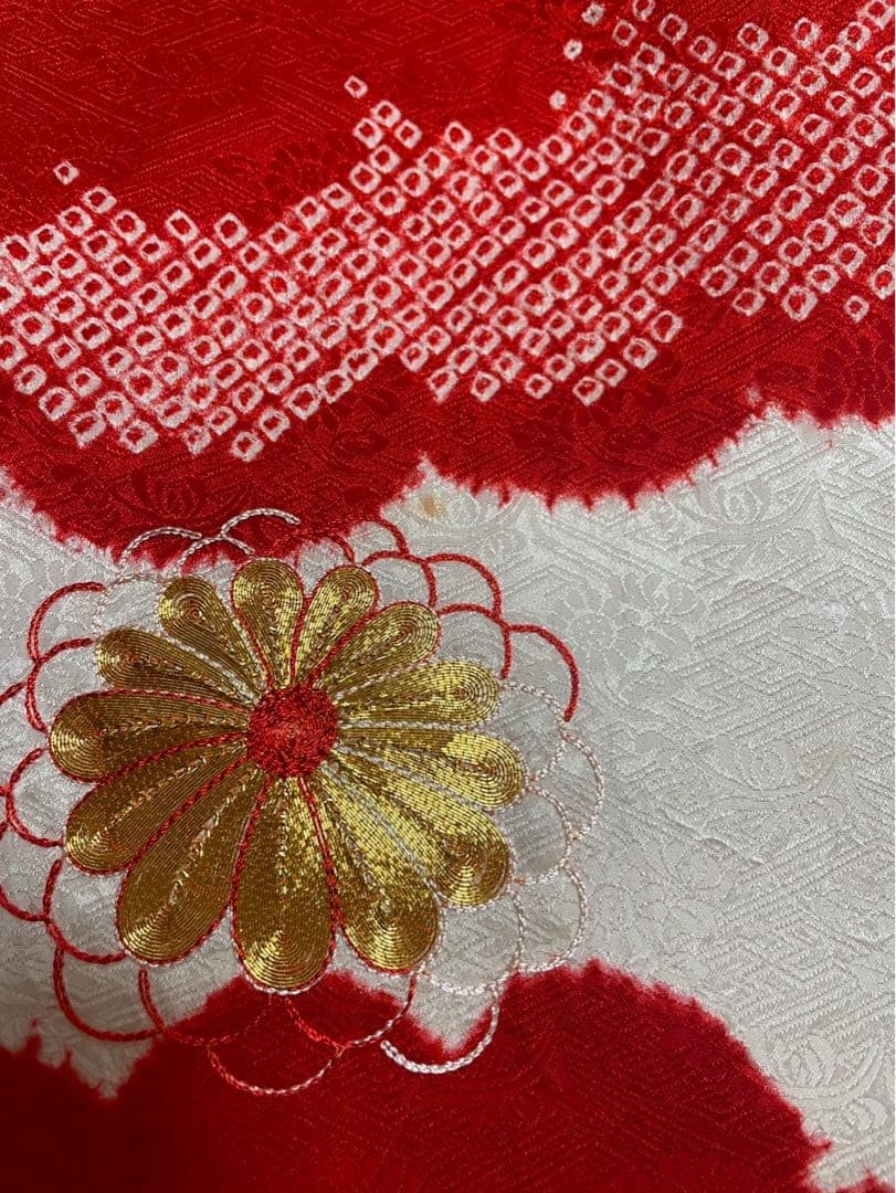 産着　女の子　正絹　ポリエステル　金駒刺繍　絞り　高級　赤　長襦袢付き　地紋