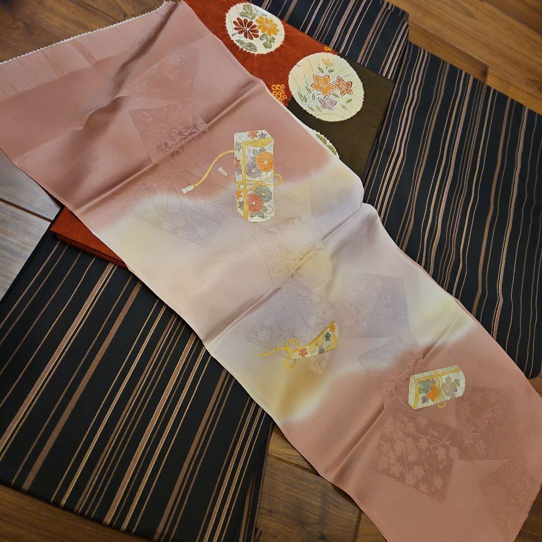 【美品】洗える小紋フルセット　袷　縞　幅広サイズ　正絹洒落袋帯