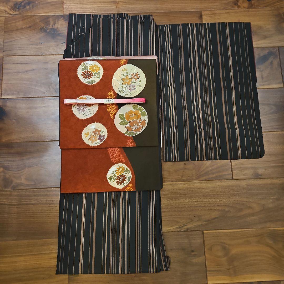 【美品】洗える小紋フルセット　袷　縞　幅広サイズ　正絹洒落袋帯