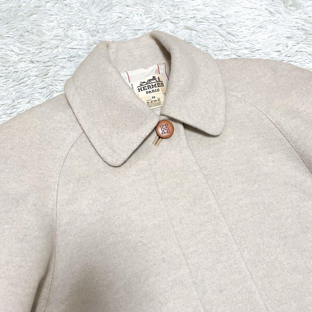 希少✨エルメス Hロゴ レザーボタン ダブルフェイス フレアコート レザートリム