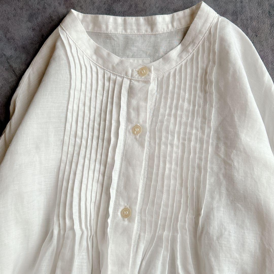 Gauze# ガーゼ ⿻ リネン バンドカラー タックワンピース 白 ナチュラル