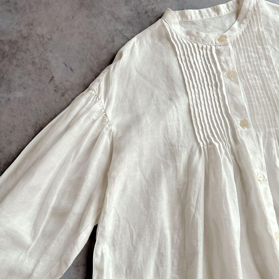 Gauze# ガーゼ ⿻ リネン バンドカラー タックワンピース 白 ナチュラル