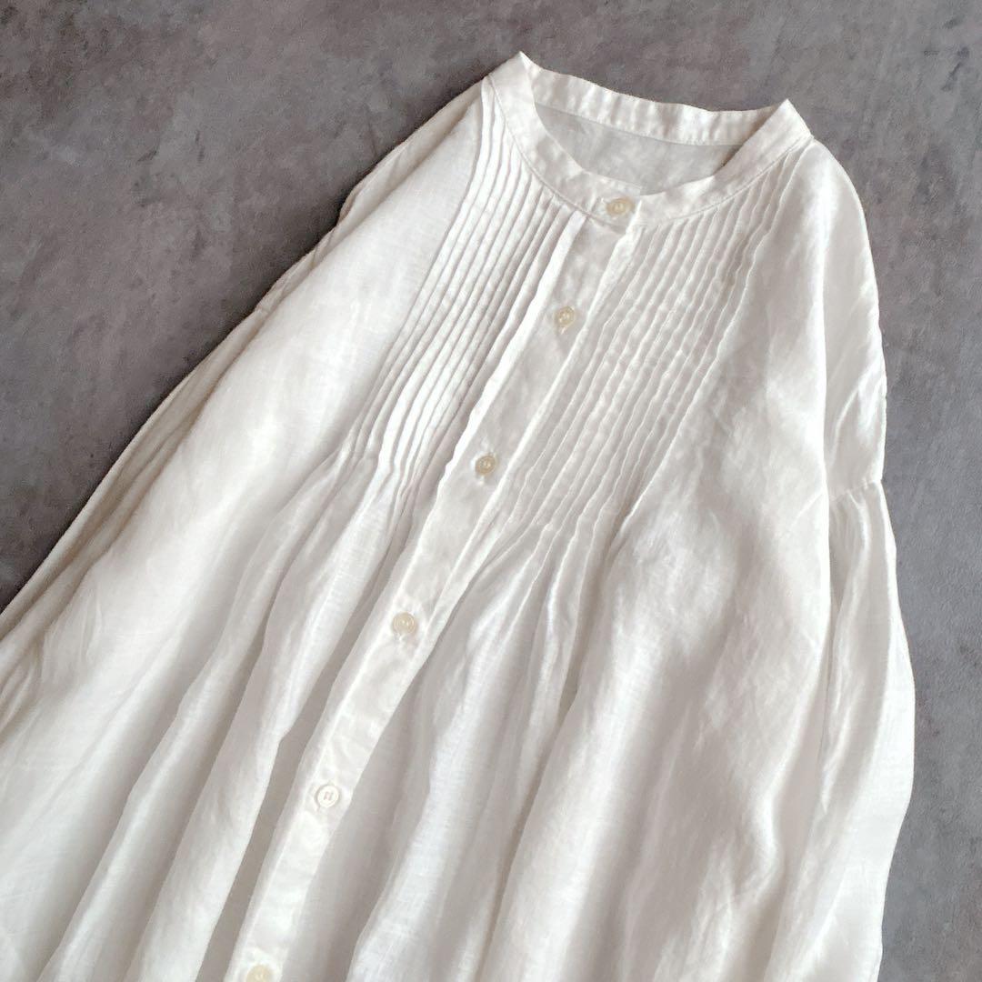 Gauze# ガーゼ ⿻ リネン バンドカラー タックワンピース 白 ナチュラル