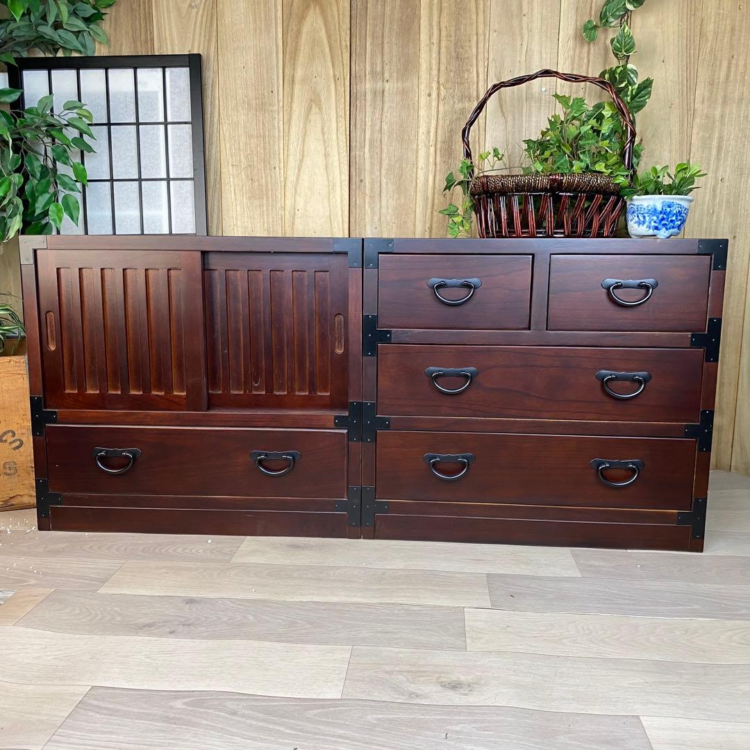 専用☆民芸家具和箪笥2点セット（三段四つ引き＋引き戸チェスト）木製桐材無垢和室