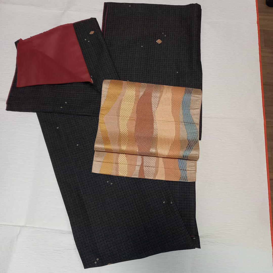 M*様 洗える着物と名古屋帯 セット　格子飛び柄小紋と立涌モダン名古屋帯