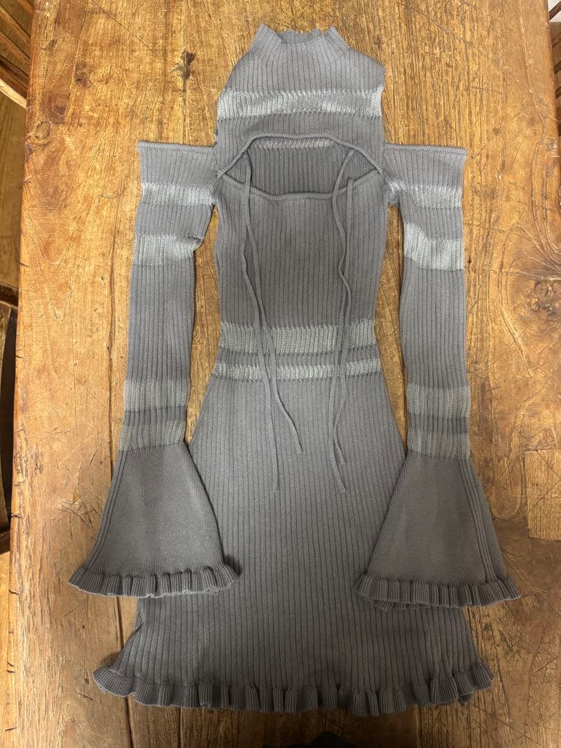 amerge シアーリボン フェミニンリブニットワンピース グレー