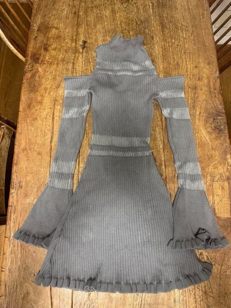 amerge シアーリボン フェミニンリブニットワンピース グレー