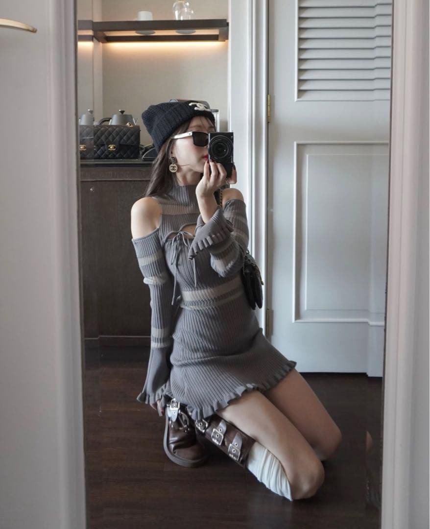 amerge シアーリボン フェミニンリブニットワンピース グレー