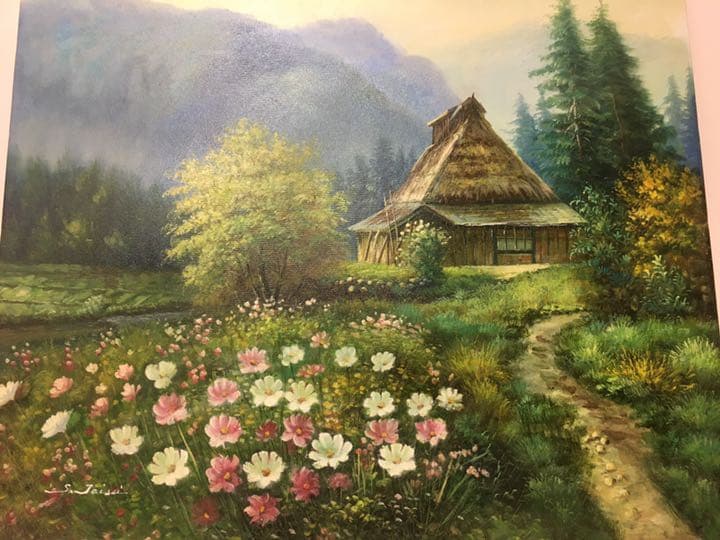 油絵手描き作品、直筆画　油彩　コスモス