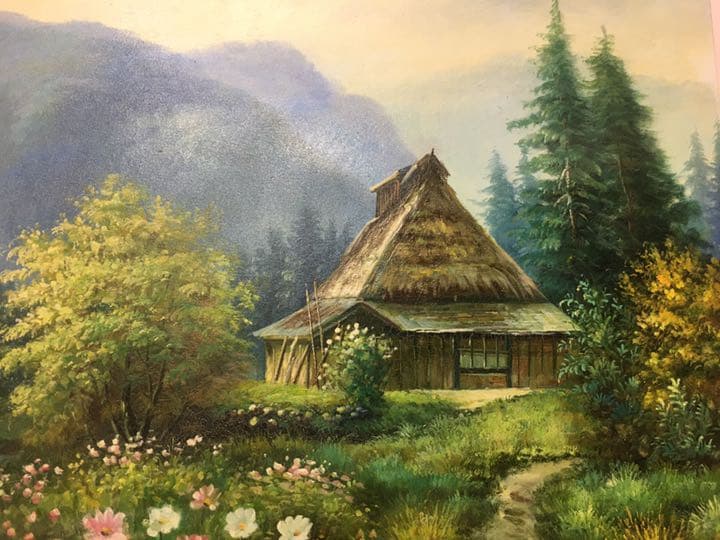 油絵手描き作品、直筆画　油彩　コスモス