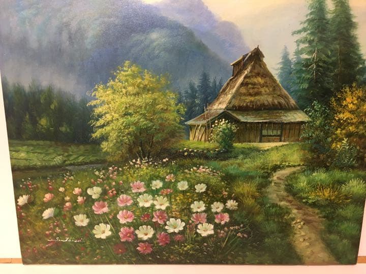 油絵手描き作品、直筆画　油彩　コスモス