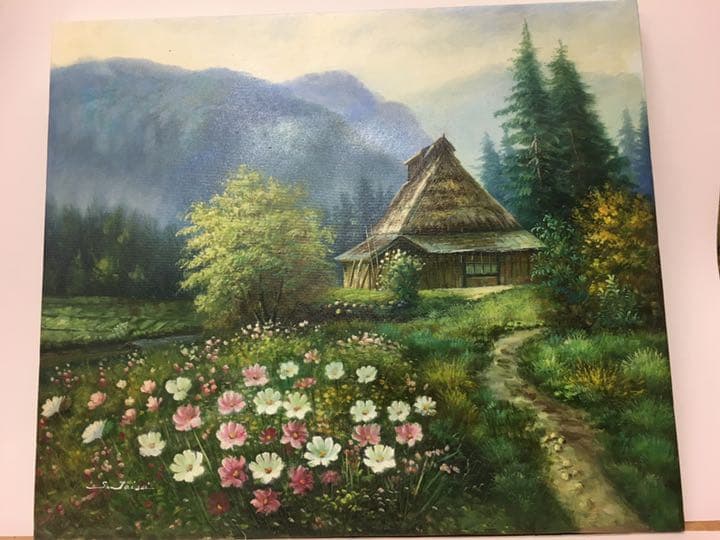 油絵手描き作品、直筆画　油彩　コスモス