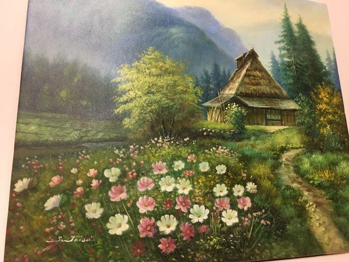 油絵手描き作品、直筆画　油彩　コスモス