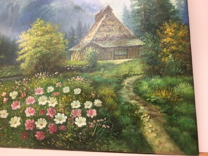 油絵手描き作品、直筆画　油彩　コスモス