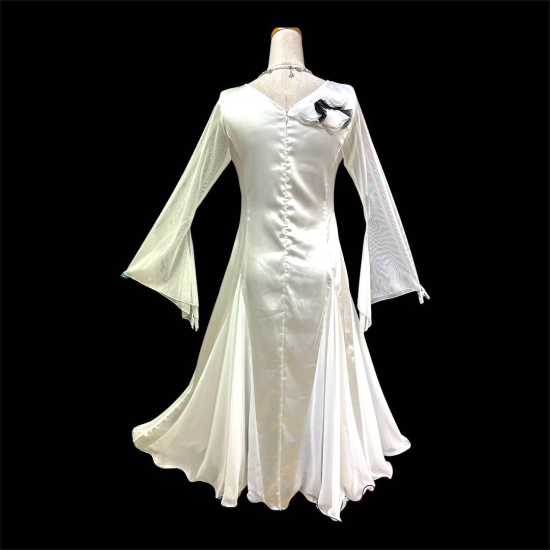 6235★L オフ白 サテン 花モチーフ スタンダードドレス 社交ダンス