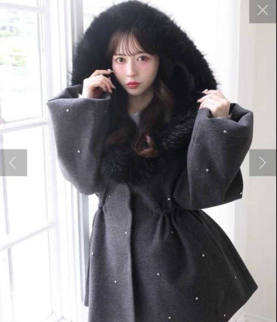 新品 フードフェイクファービジューミドルコート nice clupナイスクラップ