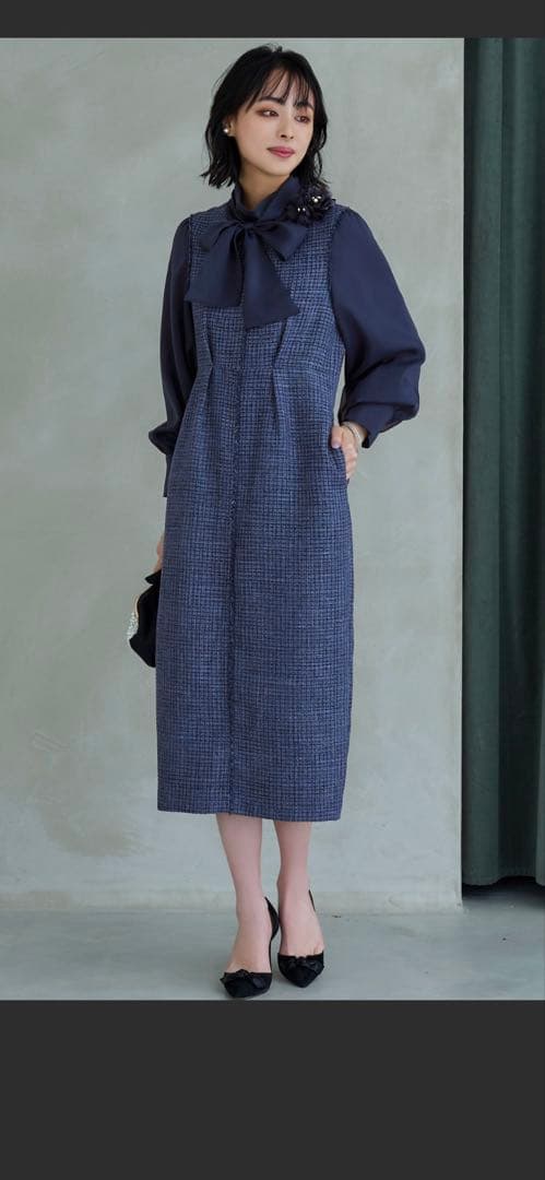 ミックスツイードコンビ・ロングナローワンピースドレス