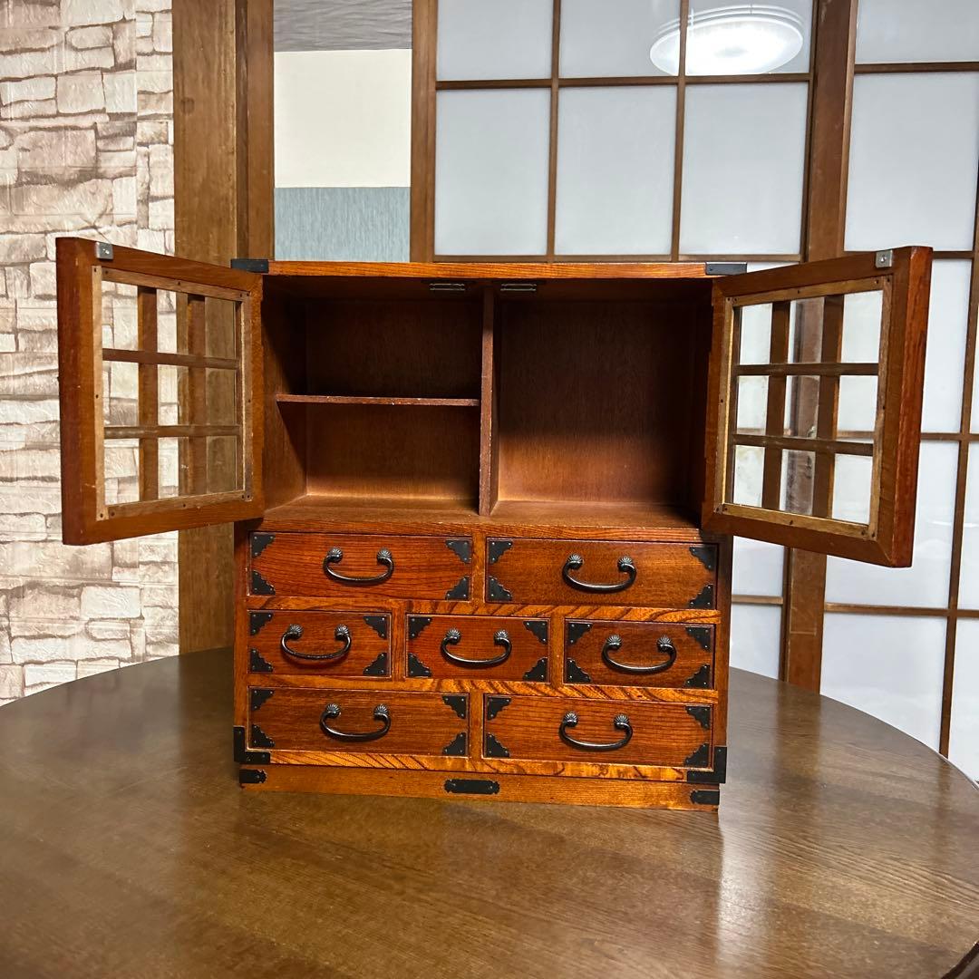 【アンティーク】民芸調水屋　茶箪笥　小箪笥　金具付　和キャビネット