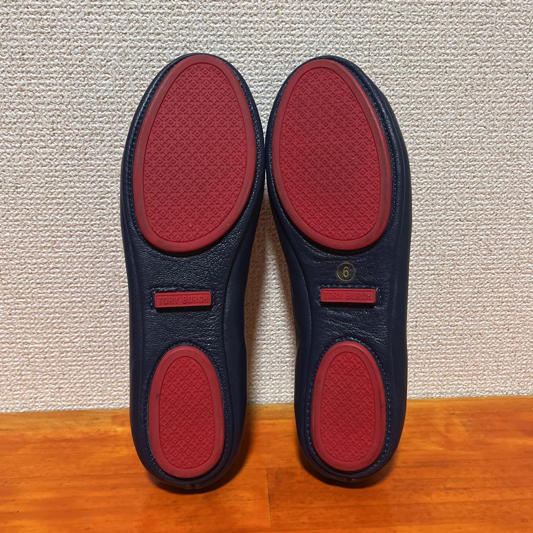 ❀美品 トリーバーチ 紺 ネイビー レッド 23cm 6 フラットシューズ