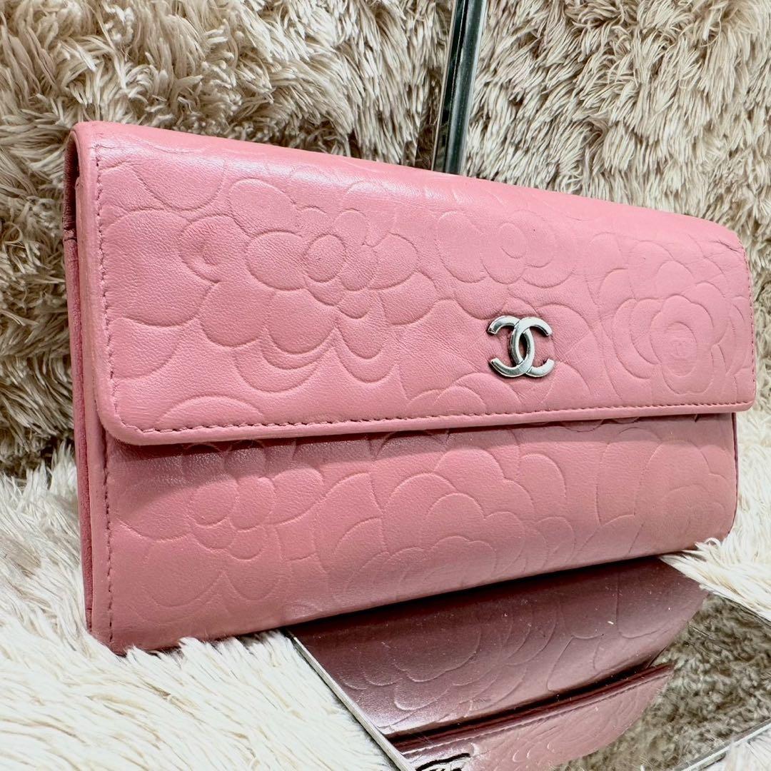 【美品】CHANEL カメリア 長財布 ピンク フラップ