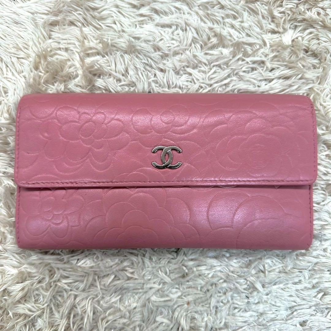 【美品】CHANEL カメリア 長財布 ピンク フラップ