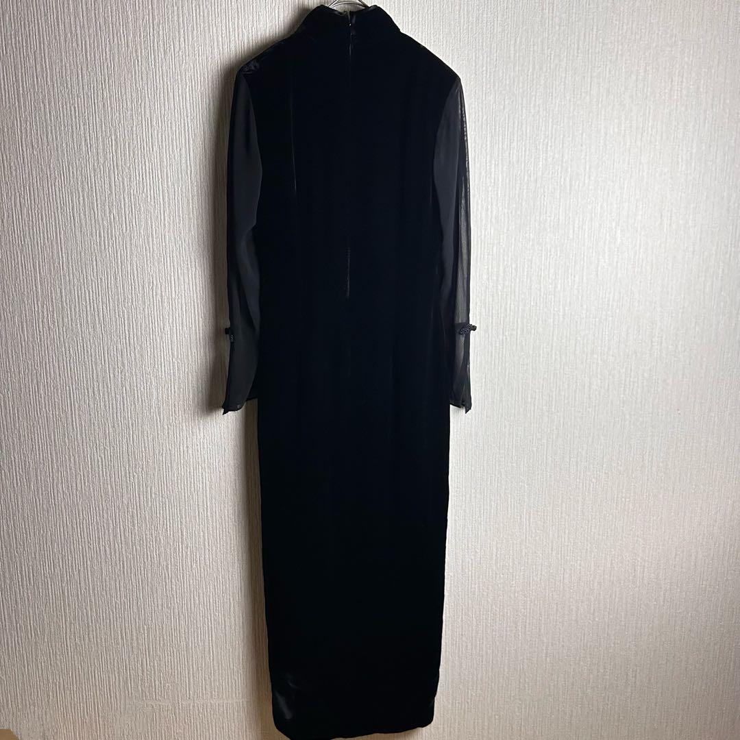 【チャイナドレス】ベルベット×シアー ロングワンピース 黒 日本製