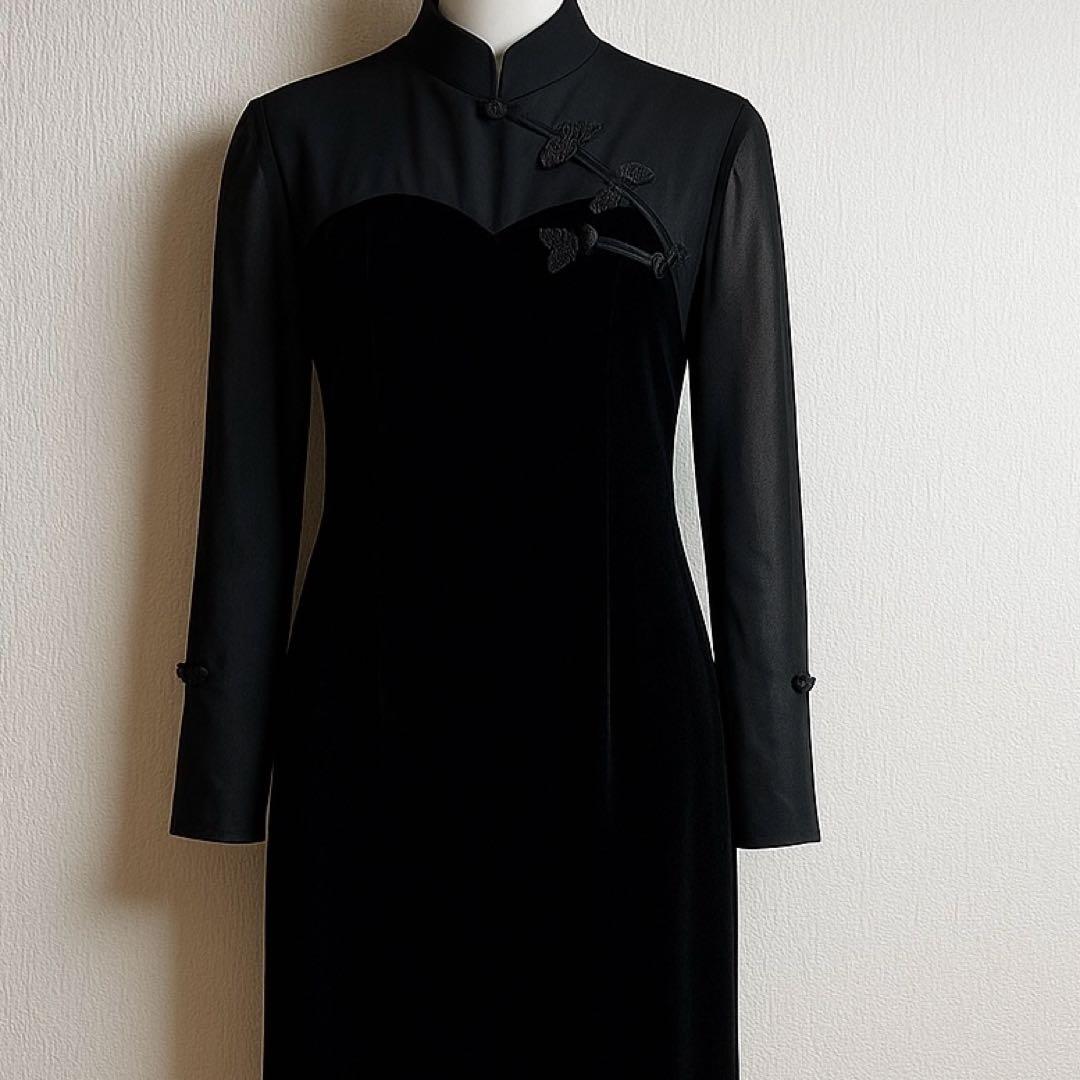 【チャイナドレス】ベルベット×シアー ロングワンピース 黒 日本製