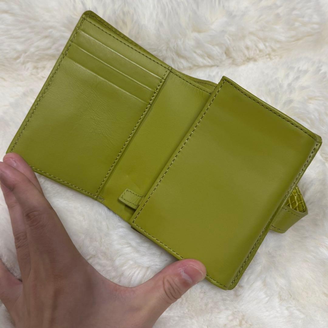 リアルクロコダイル革 シャイニング ライトグリーン H金具折り財布 鰐革 ワニ