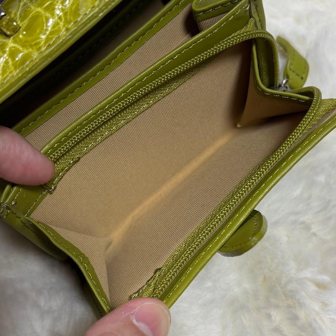 リアルクロコダイル革 シャイニング ライトグリーン H金具折り財布 鰐革 ワニ