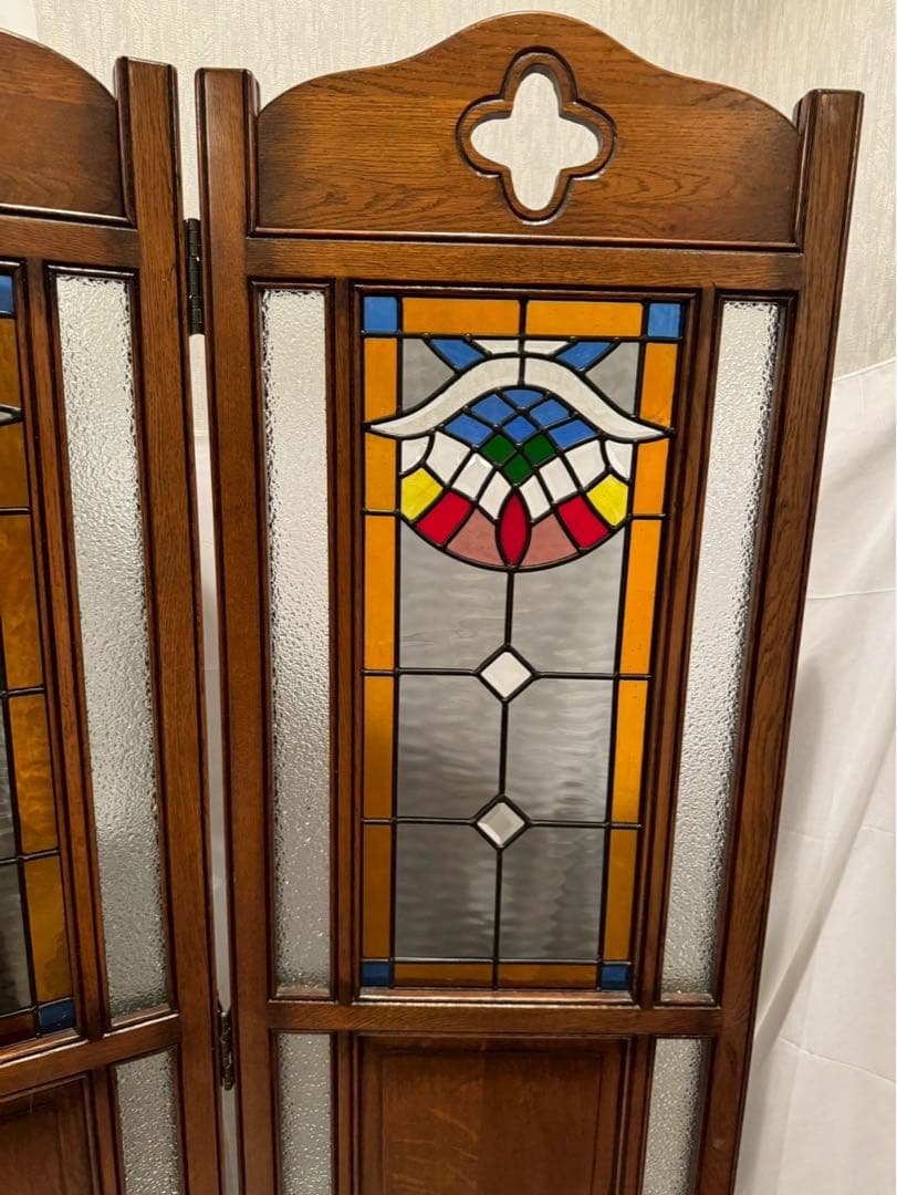 木製　ステンドグラス　パーテーション アンティーク　3連