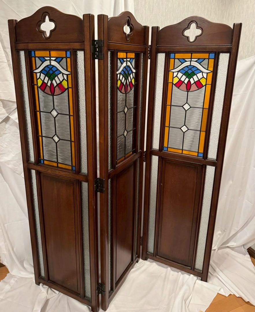 木製　ステンドグラス　パーテーション アンティーク　3連