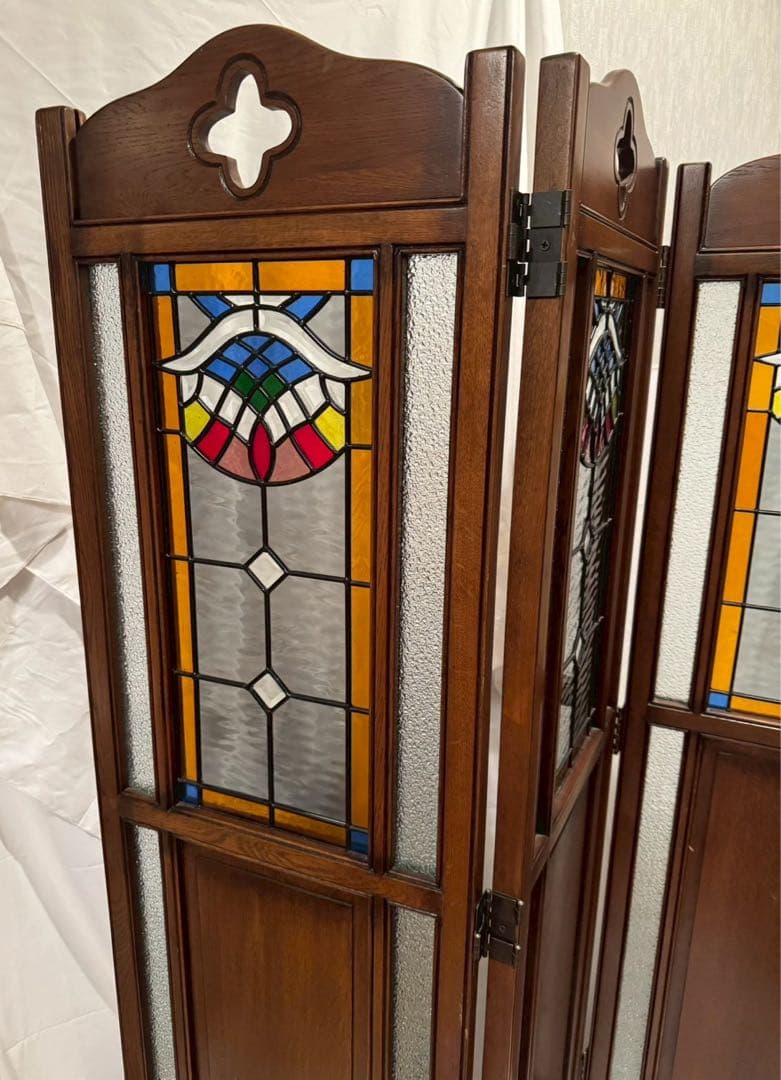 木製　ステンドグラス　パーテーション アンティーク　3連