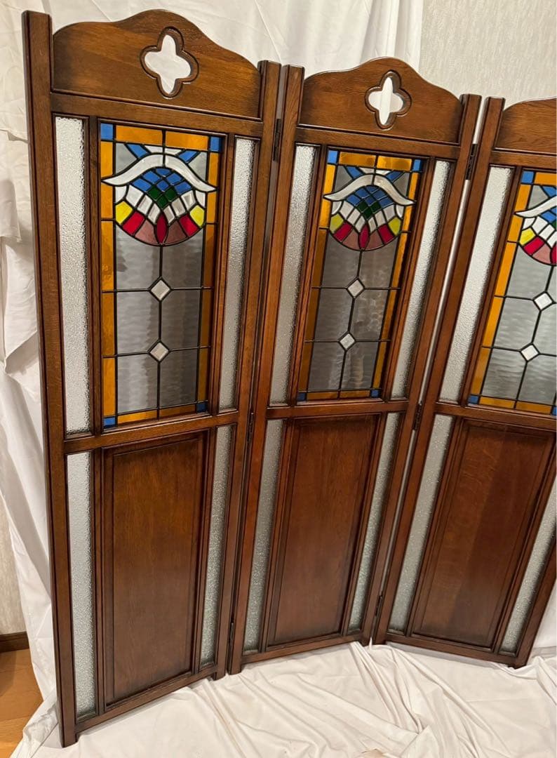木製　ステンドグラス　パーテーション アンティーク　3連