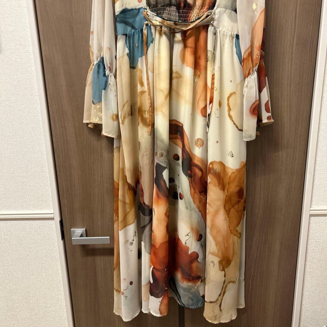 Ameri 水彩模様 フレアスリーブ ワンピース