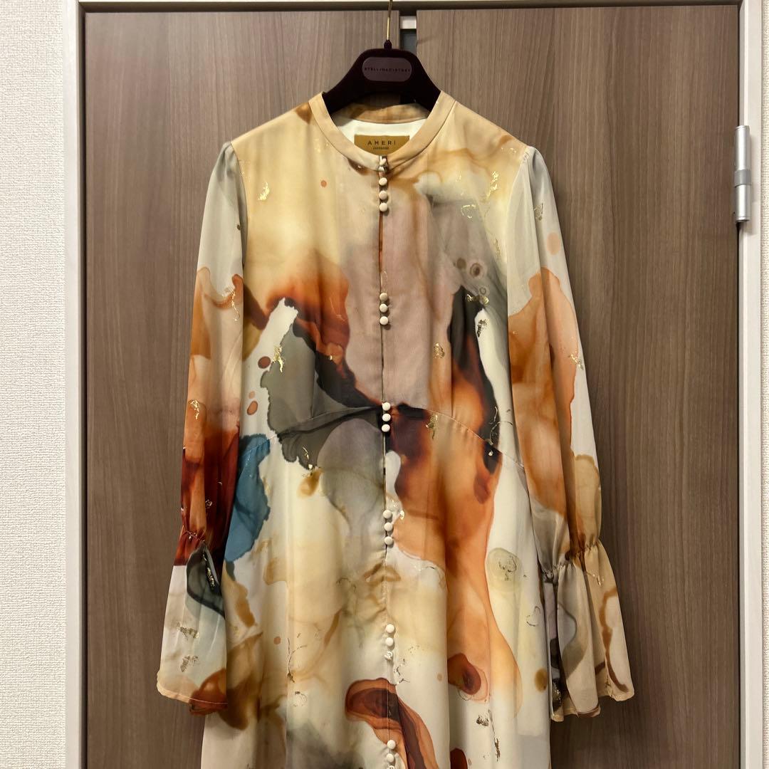 Ameri 水彩模様 フレアスリーブ ワンピース