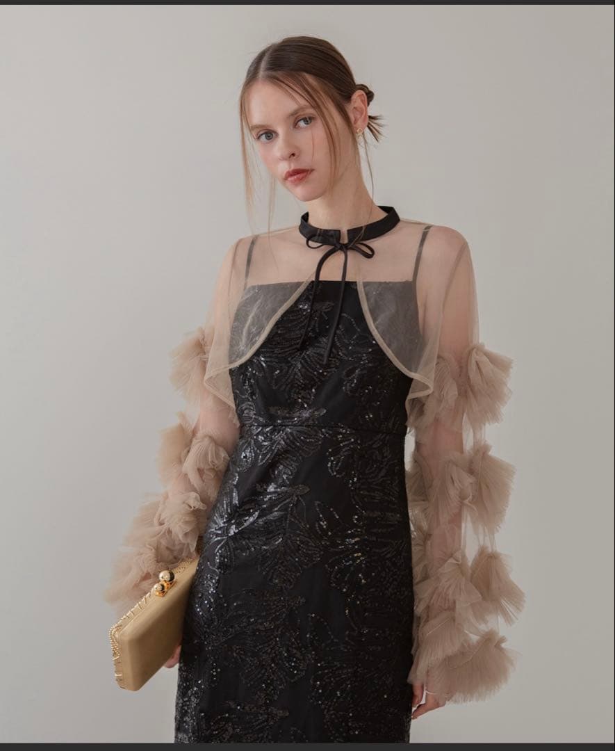 フリルチュールスリーブリボンIラインワンピースドレス結婚式二次会パーティー成人式