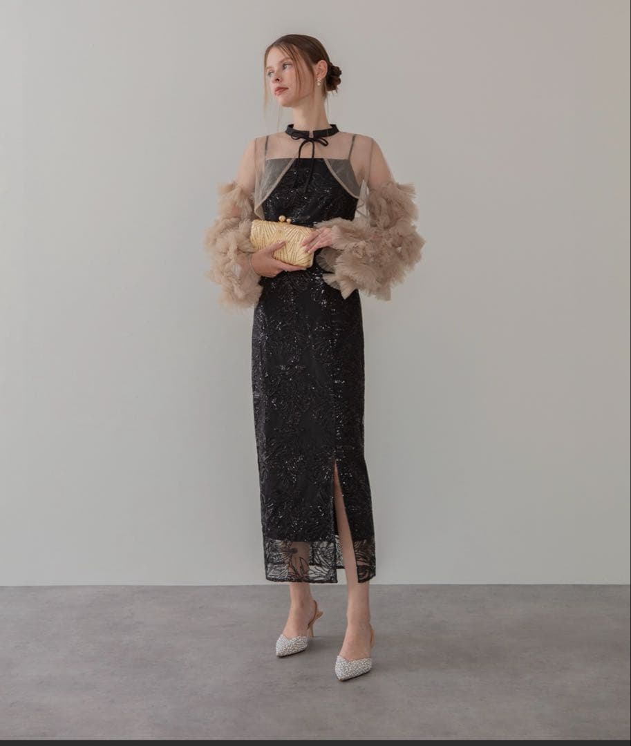 フリルチュールスリーブリボンIラインワンピースドレス結婚式二次会パーティー成人式