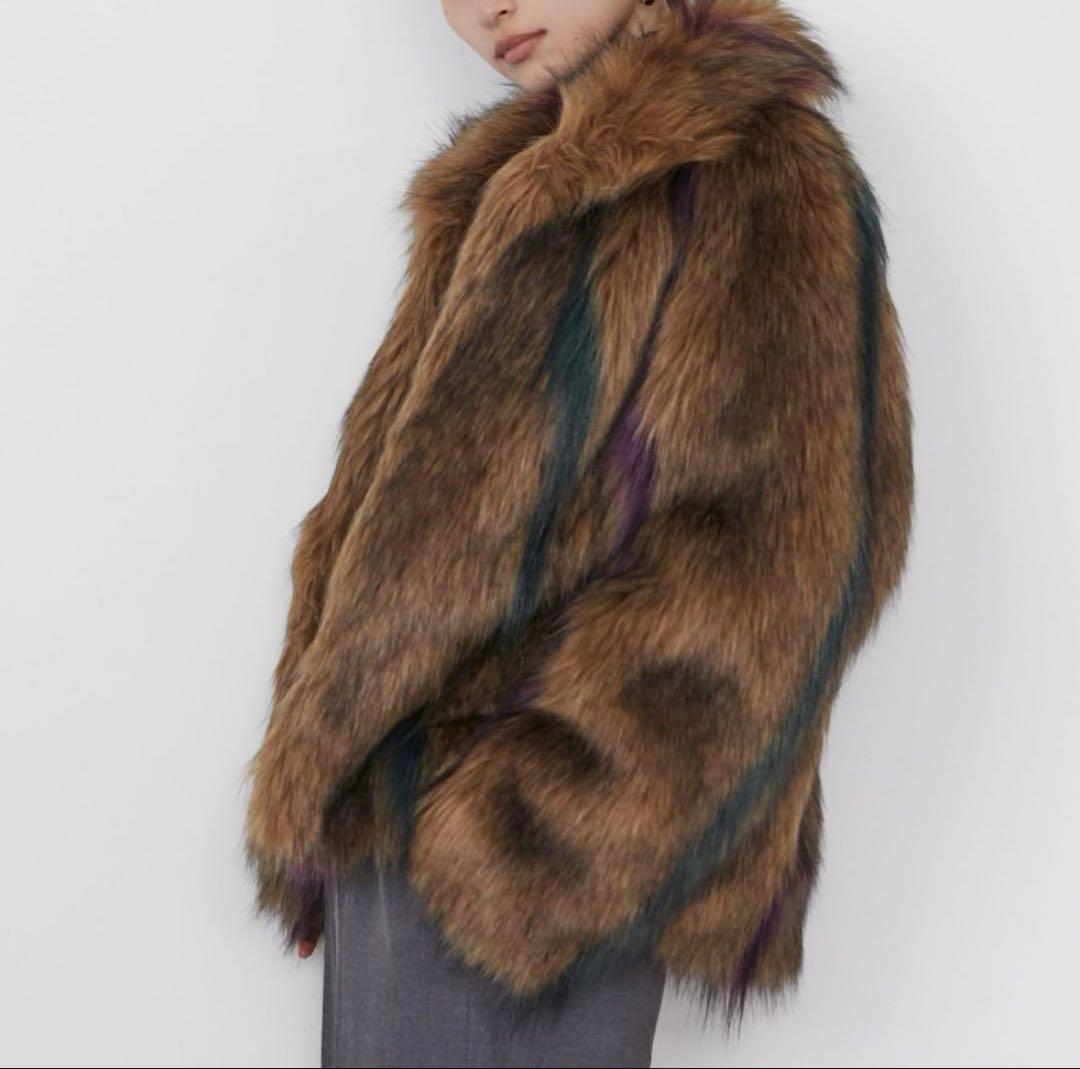 ブラウン マルチカラー ファーコート