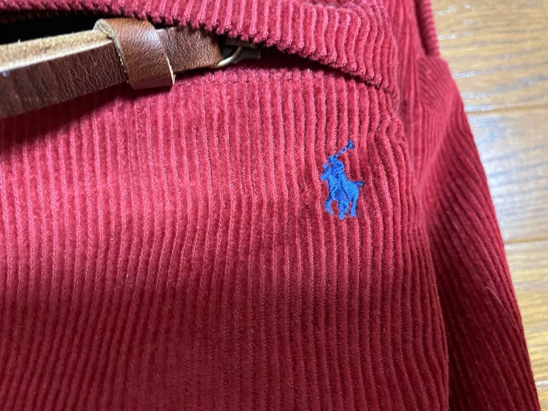 赤 コーデュロイ リュック ポロ刺繍