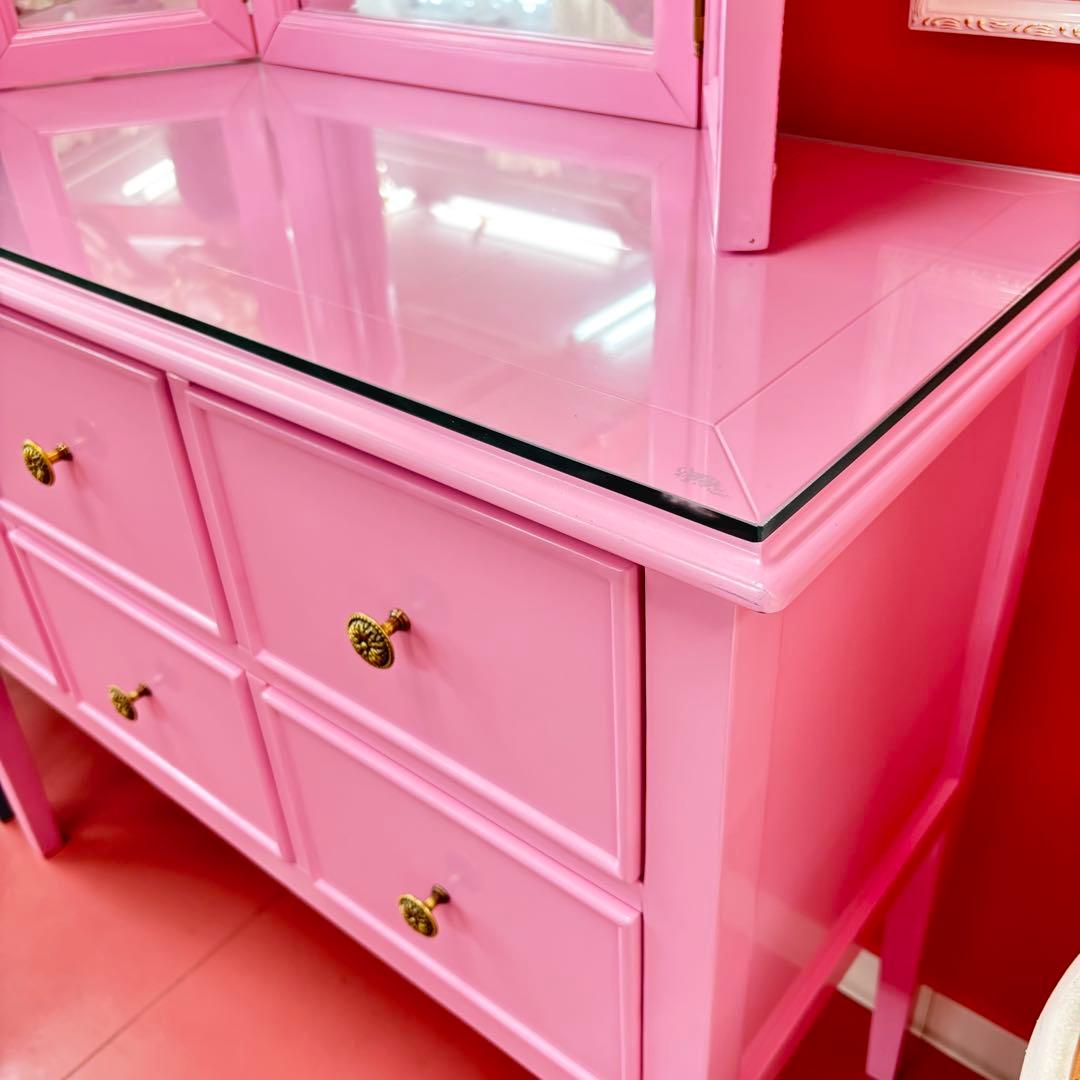 ピンク 三面鏡付ドレッサー マホガニー材 3面鏡 高級 綺麗 開梱設置サービス