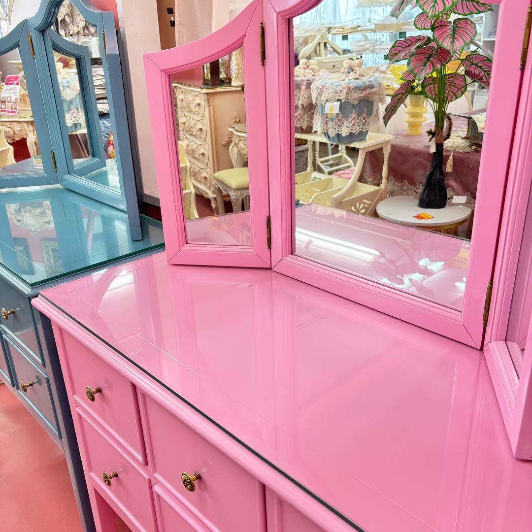 ピンク 三面鏡付ドレッサー マホガニー材 3面鏡 高級 綺麗 開梱設置サービス